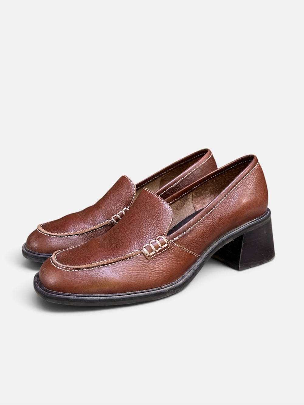 Nicole “Woodstock” Leather Block Heel Slip-On Moc Toe Loafer in Brown Sz 7